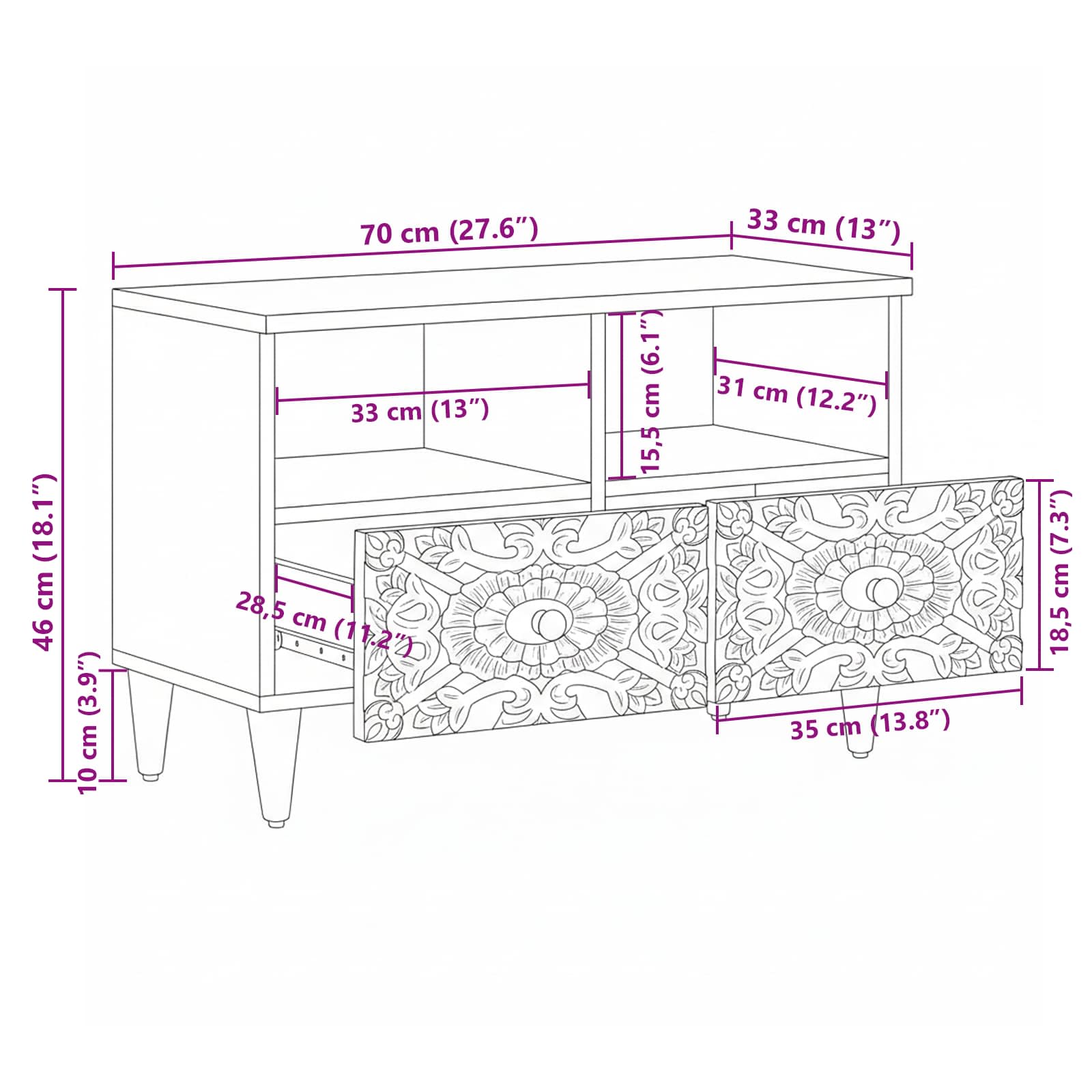 TV ormar s pohranom Bijelo 70 x 33,5 x 46 cm Čvrsto drvo manga