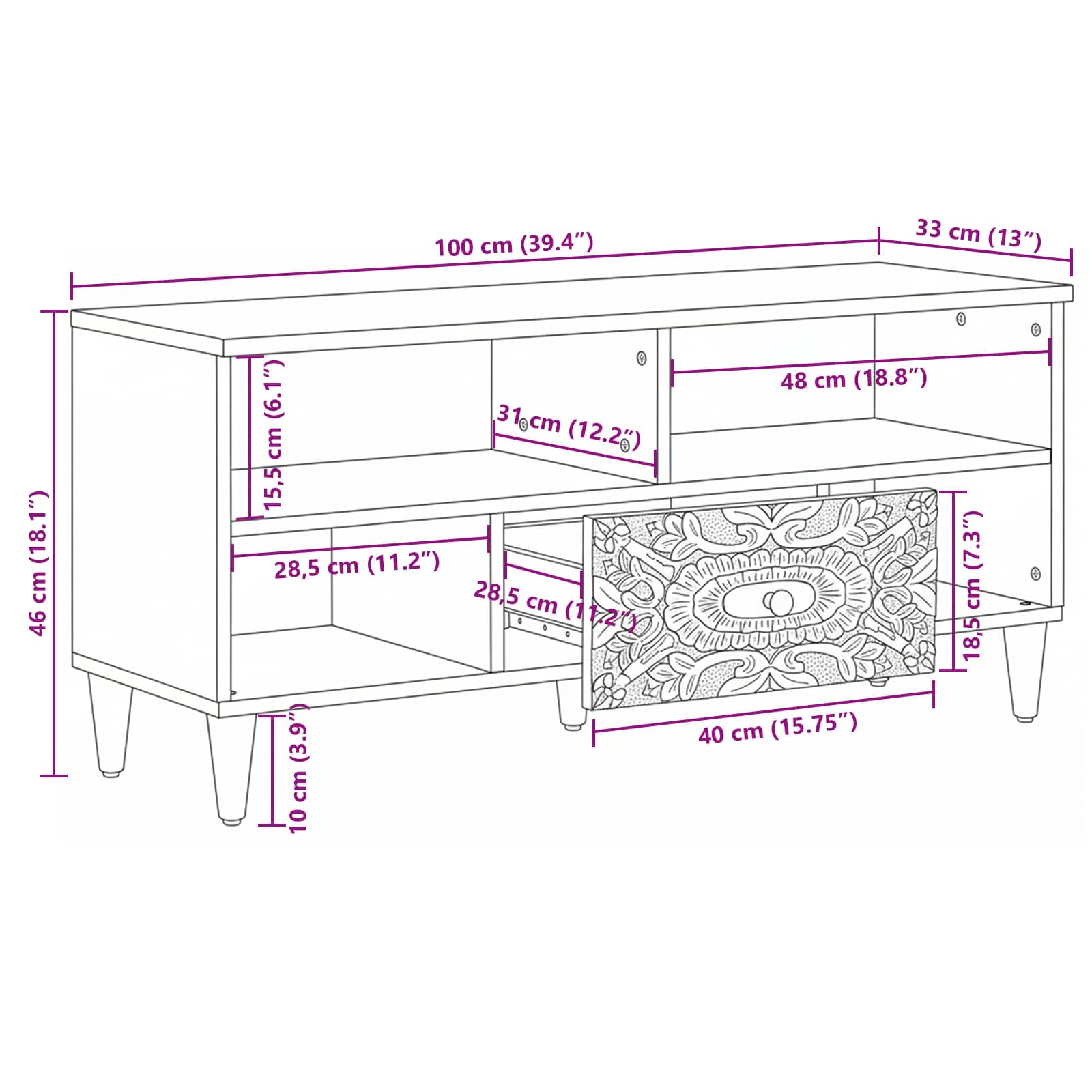 TV ormar s ladicama Bijelo 100 x 33,5 x 46 cm Čvrsto drvo manga