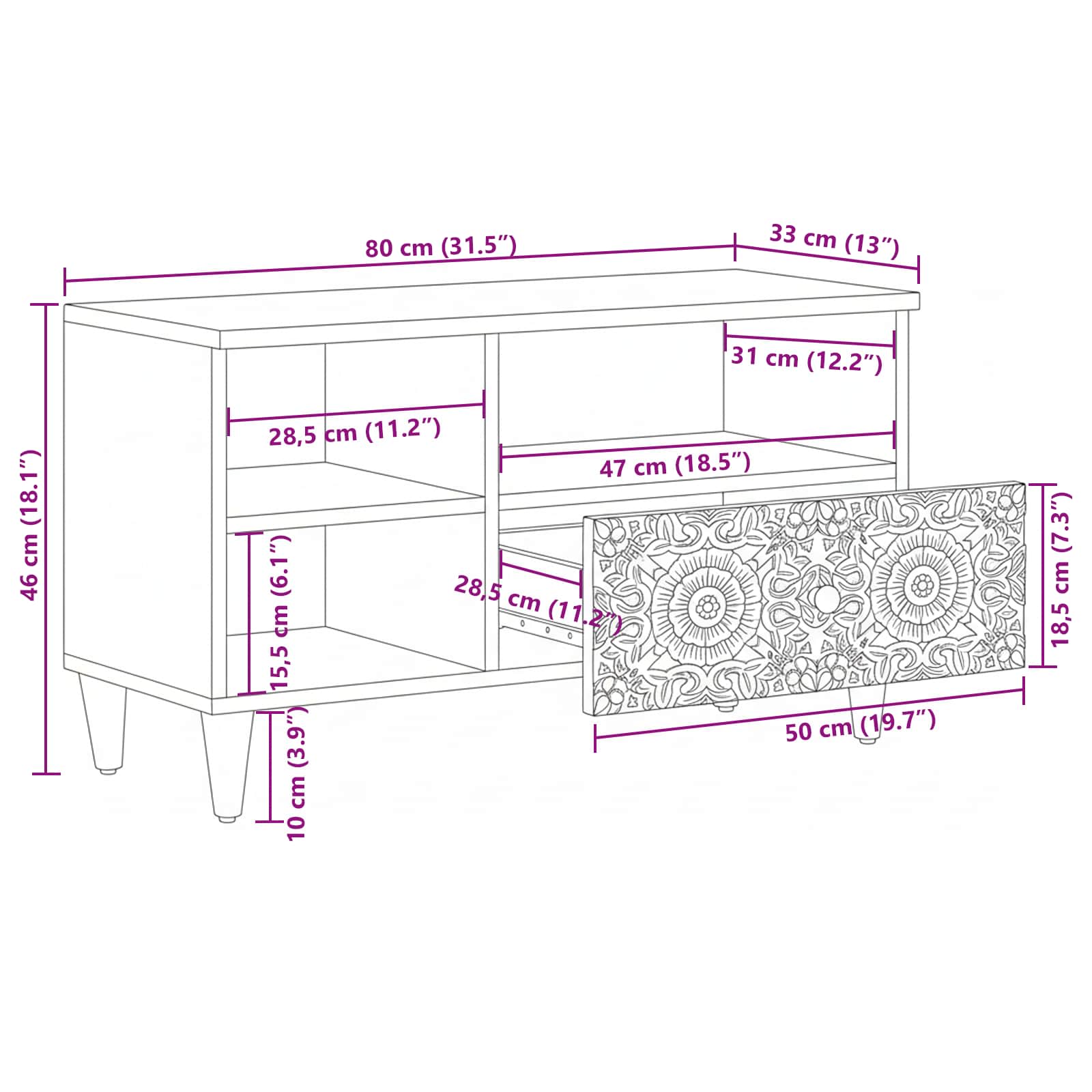 TV ormar s ladicama Bijelo 80 x 33,5 x 46 cm Čvrsto drvo manga