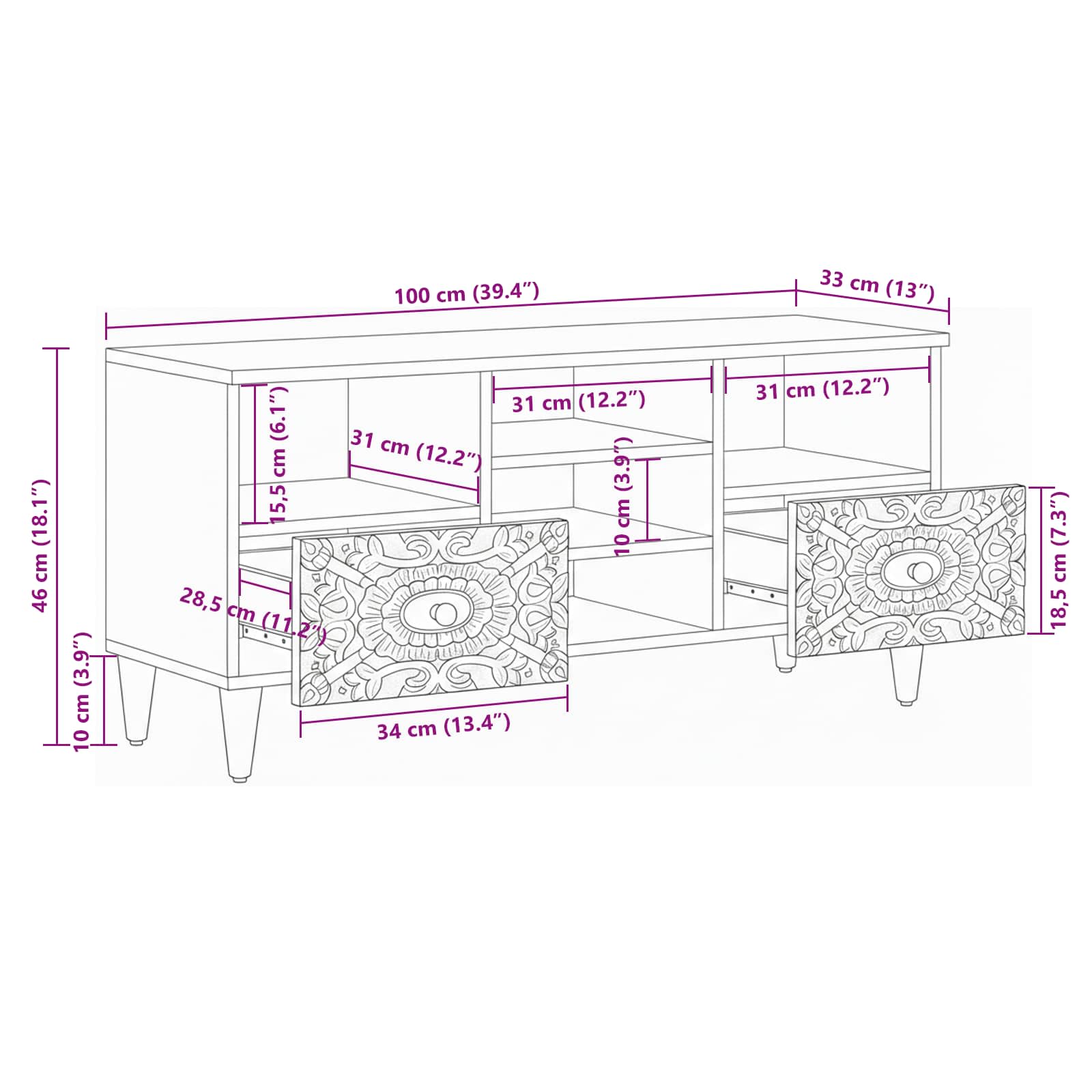 TV ormar s ladicama Bijelo 100 x 33,5 x 46 cm Čvrsto drvo manga