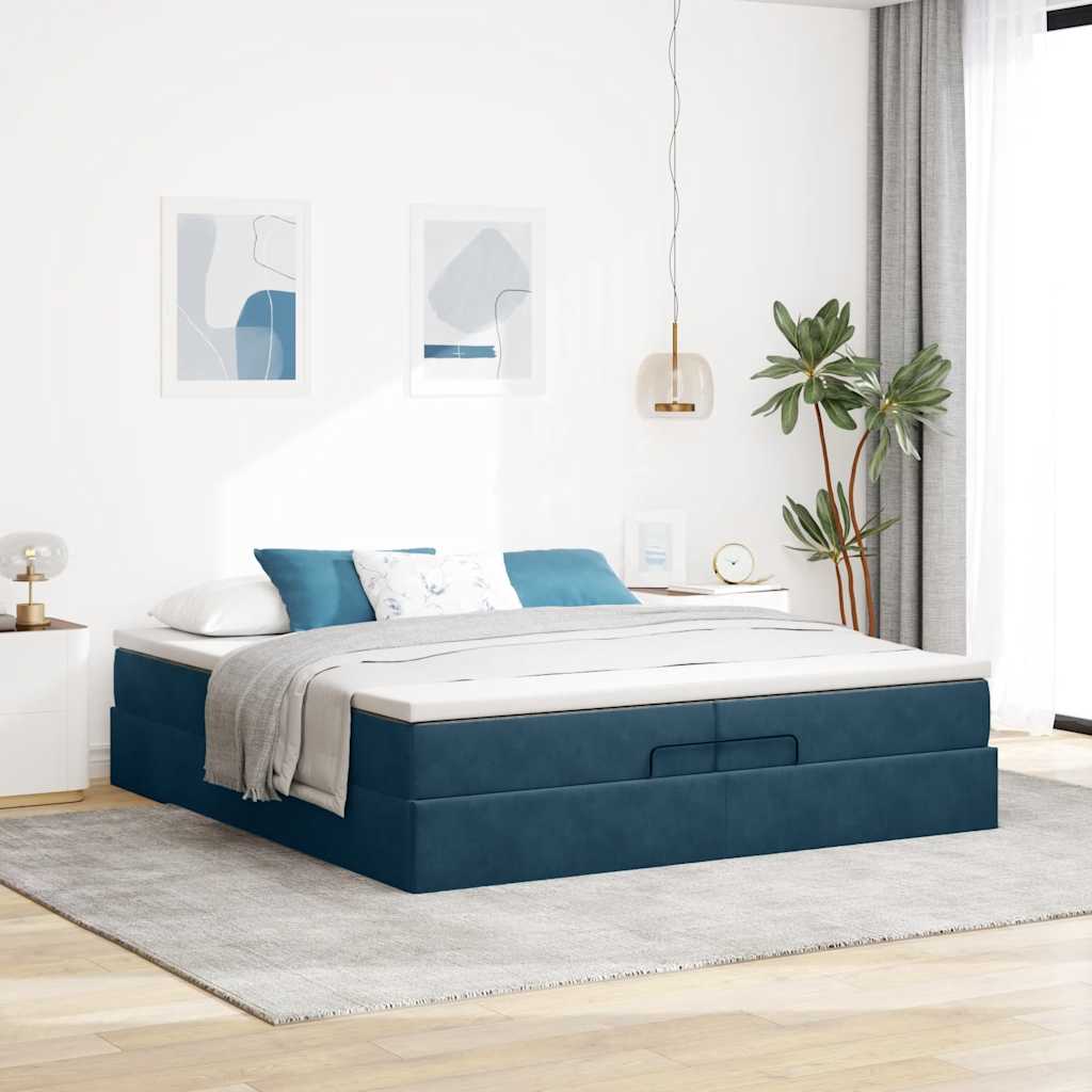 Otomanski okvir kreveta s madracima plavi 200x200cm baršunasti