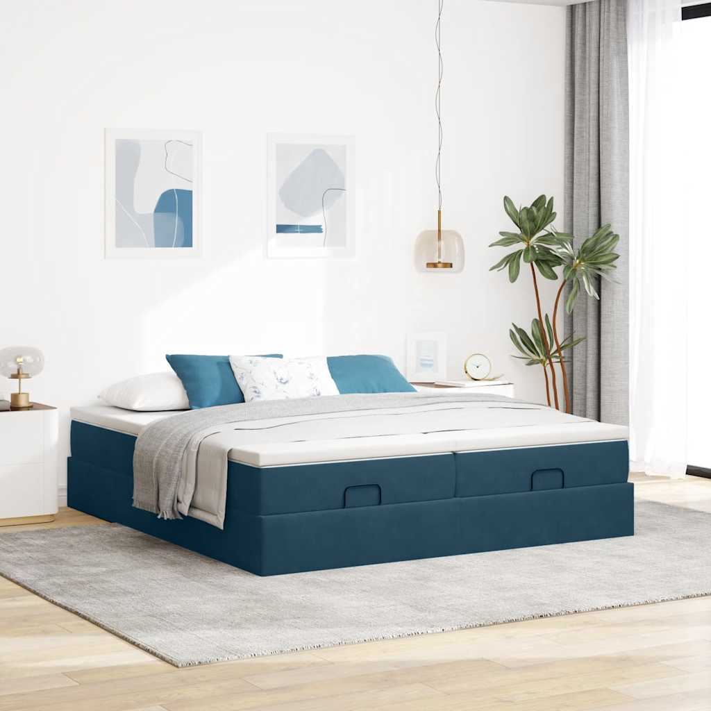 Otomanski okvir kreveta s madracima plavi 200x200cm baršunasti