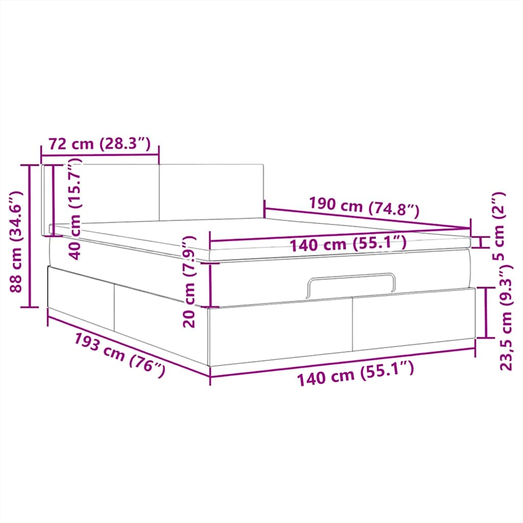 Otomanski krevet s madracem i LED krem 140x190 cm tkanine