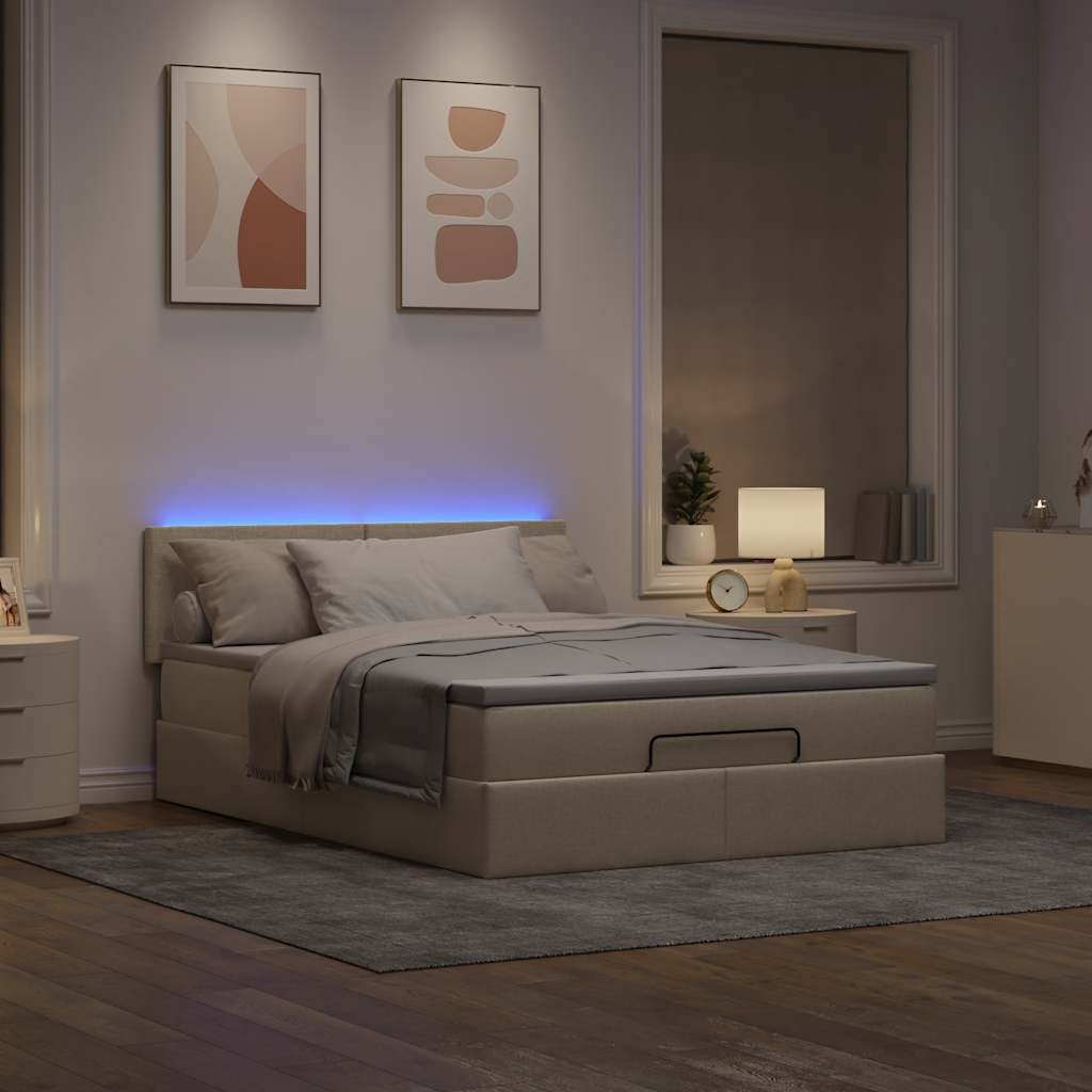 Otomanski krevet s madracem i LED krem 140x190 cm tkanine