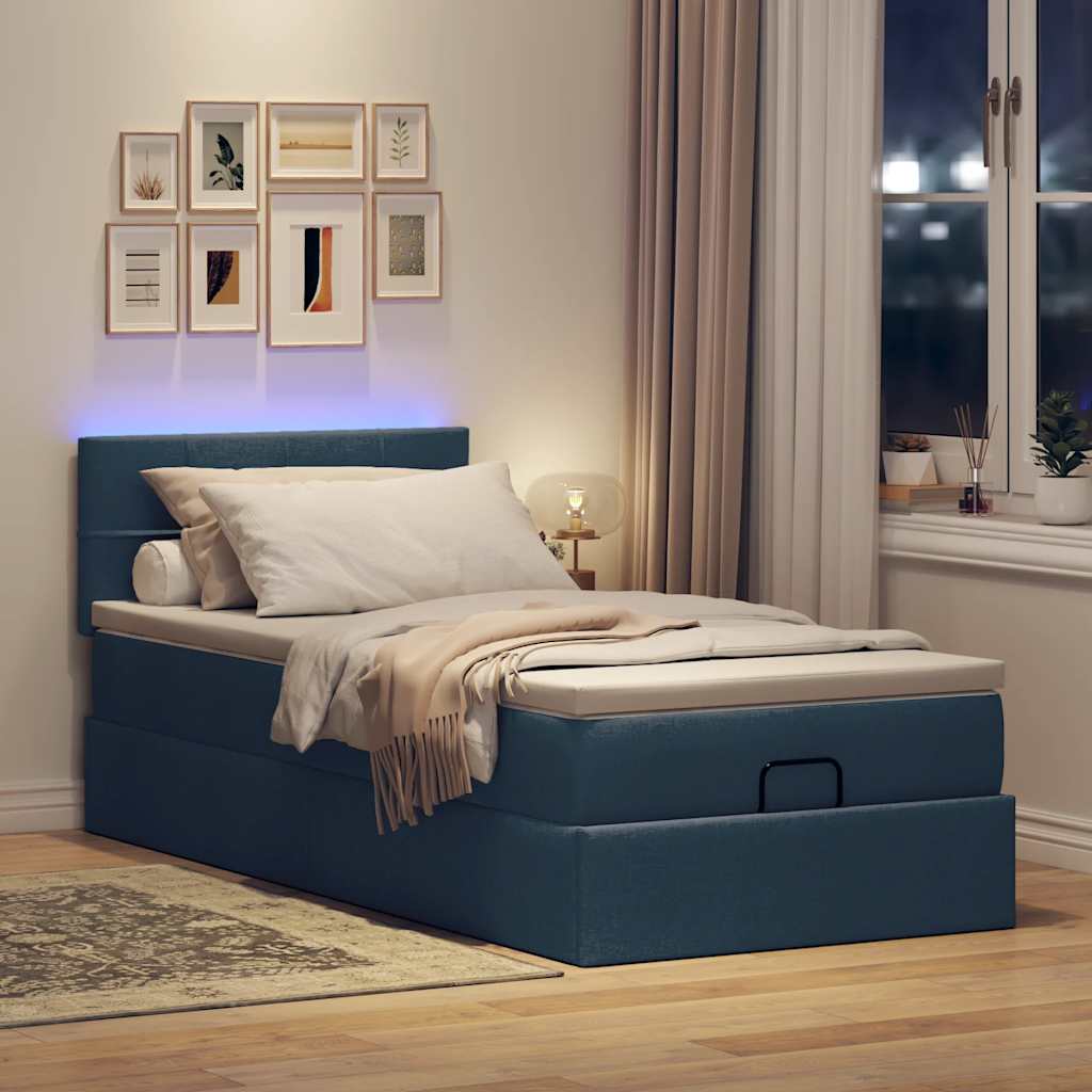 Ottoman krevet s madracem i LED diodama plavi 80x200 cm tkanina