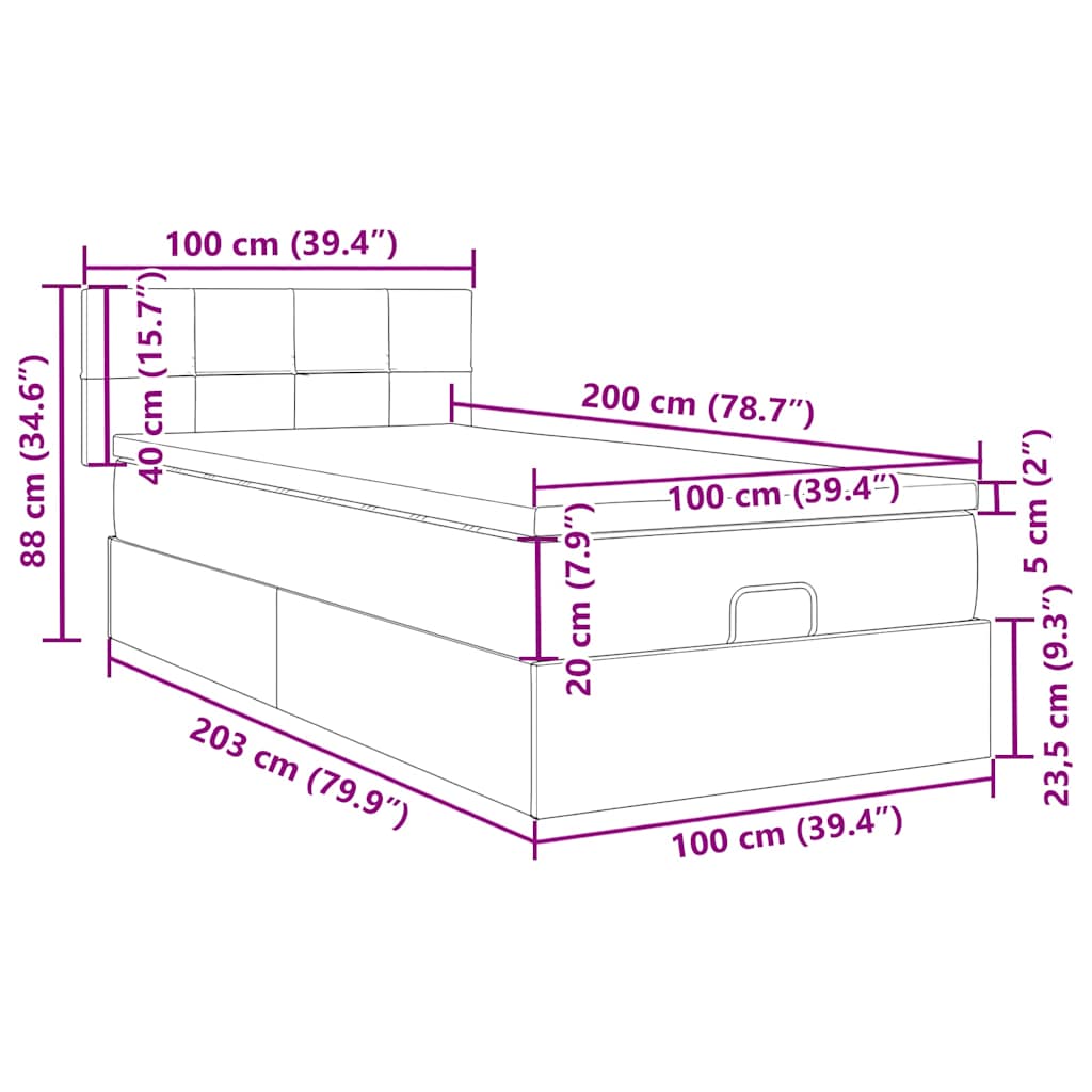 Otomanski krevet s madracem crni 100x200 cm tkanine