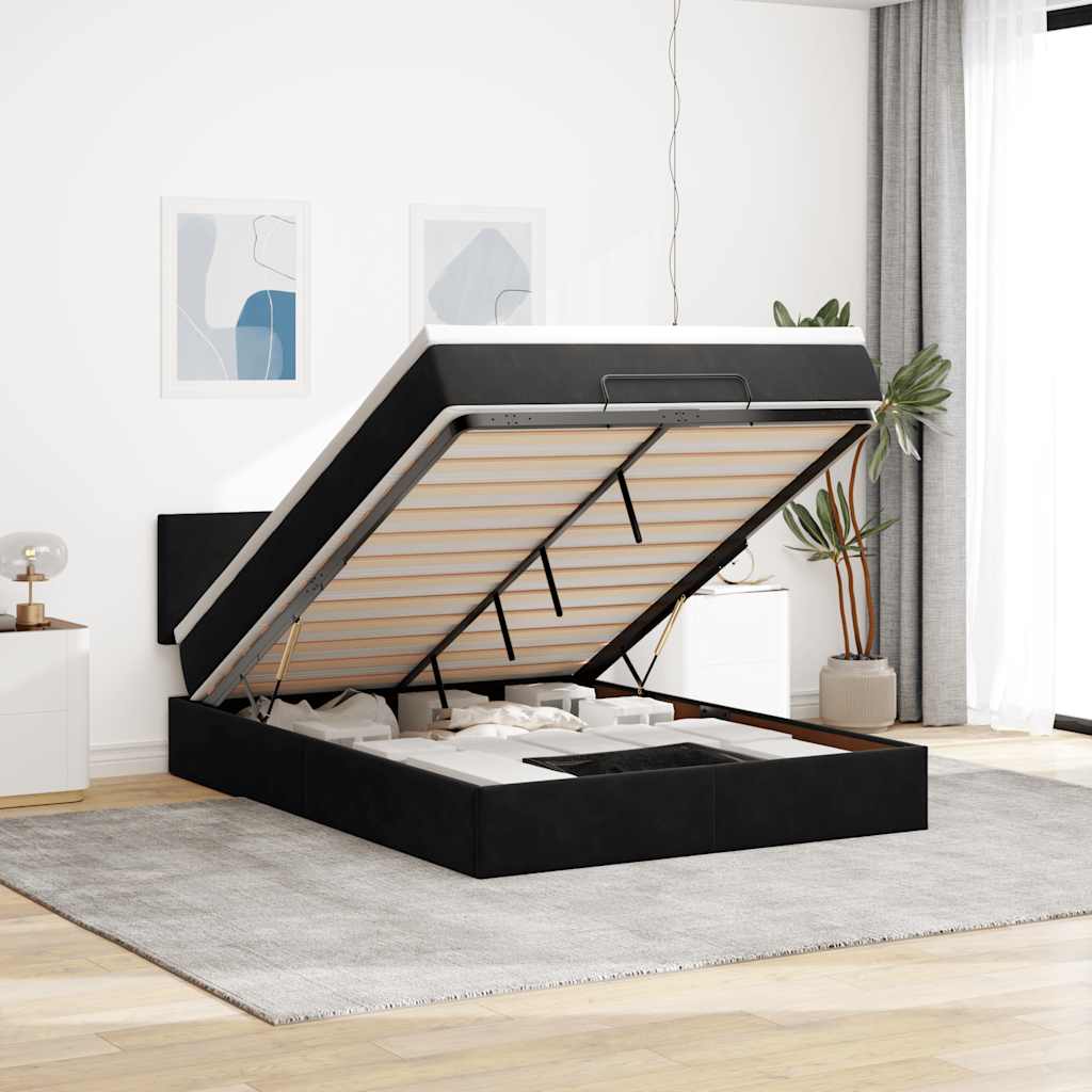 Ottoman krevet s madracem i LED diodama crni 140x200 cm baršun
