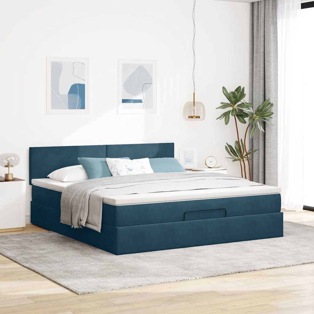Otomanski okvir kreveta s madracima plavi 200x200cm baršunasti