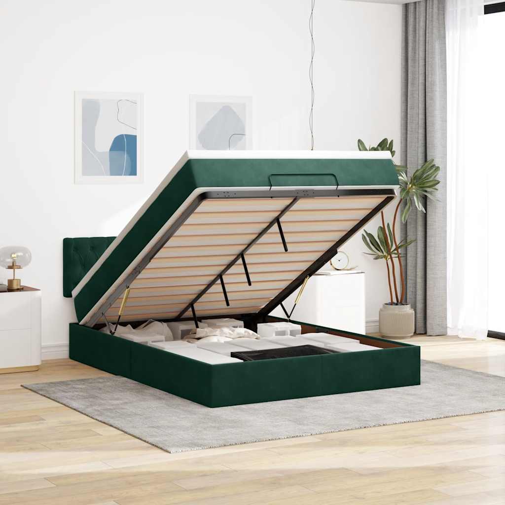 Ottoman krevet s madracem i LED diodama tamnozeleni 140x190 cm baršun