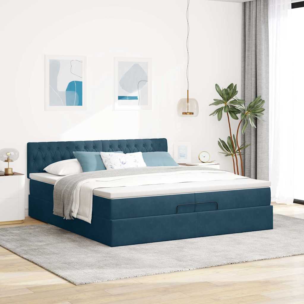 Otomanski okvir kreveta s madracima plavi 200x200cm baršunasti