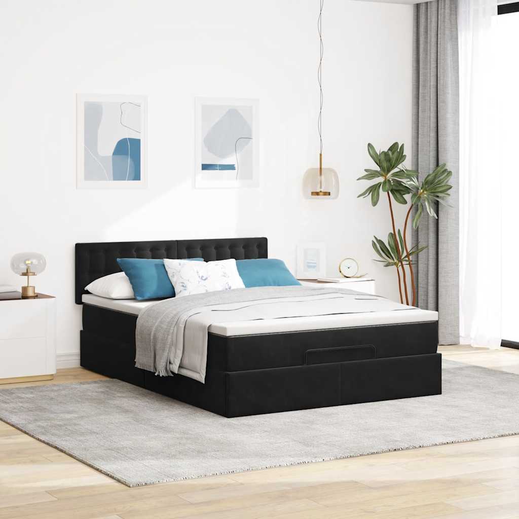 Ottoman krevet s madracem i LED diodama crni 140x200 cm baršun