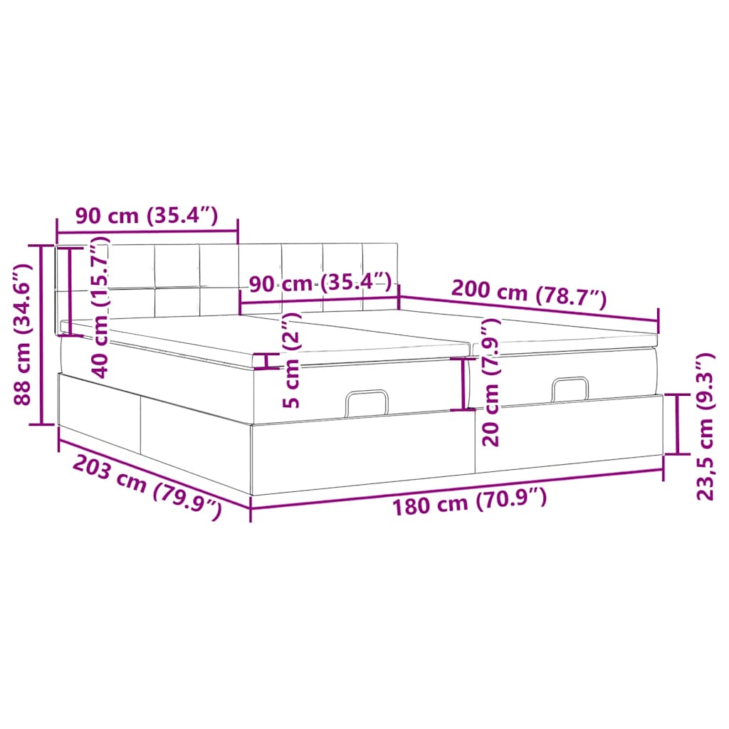 Otomanski okvir kreveta s madracima crni 180x200cm od tkanine