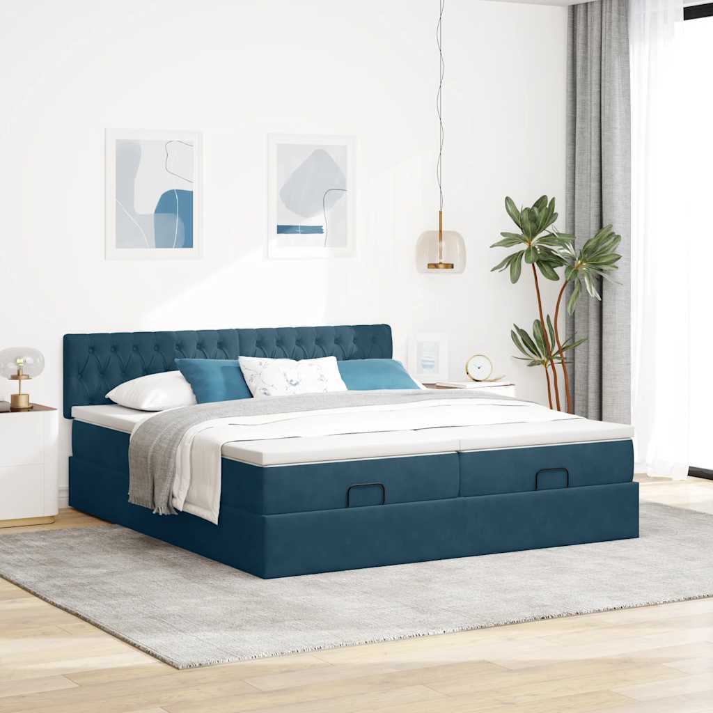 Otomanski okvir kreveta s madracima plavi 200x200cm baršunasti