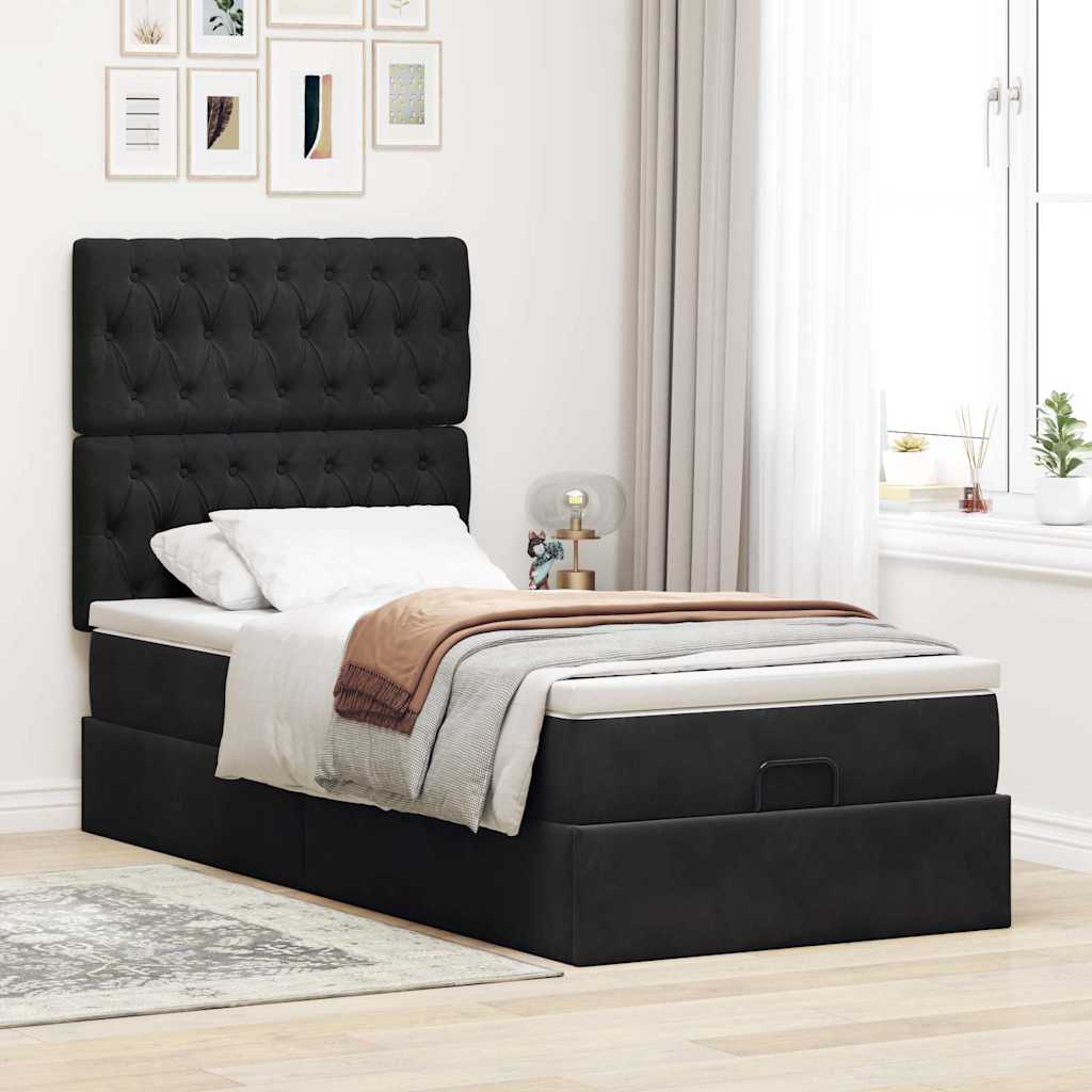 Otomanski okvir kreveta s madracima crni 90x200cm baršunasti