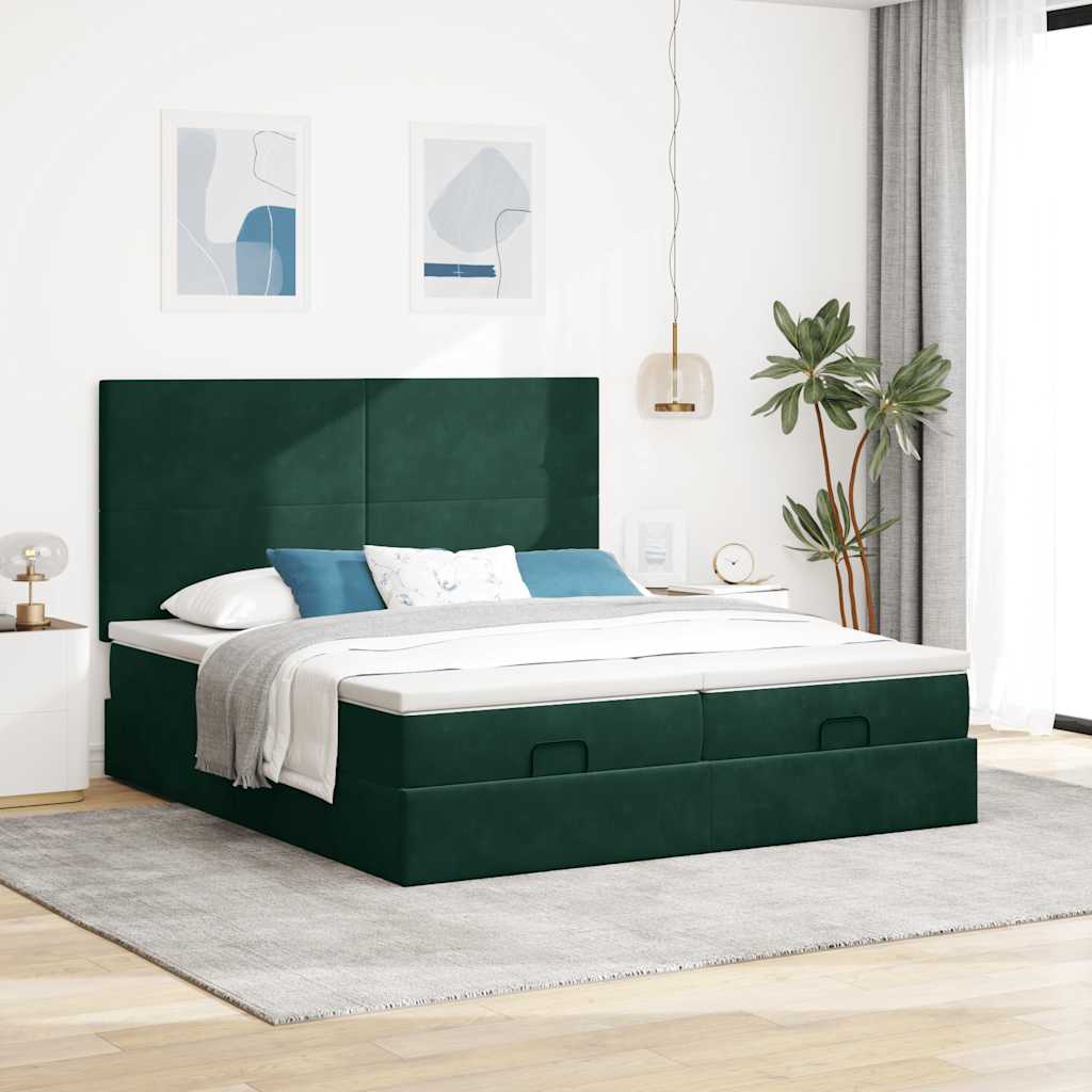 Okvir kreveta s madracima tamnozeleni 200x200cm baršunasti