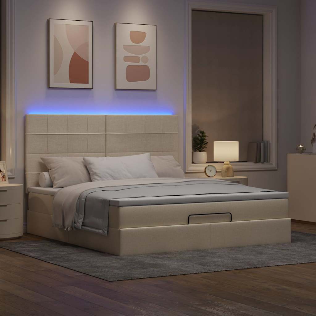 Otomanski krevet s madracem i LED krem 180x200cm od tkanine