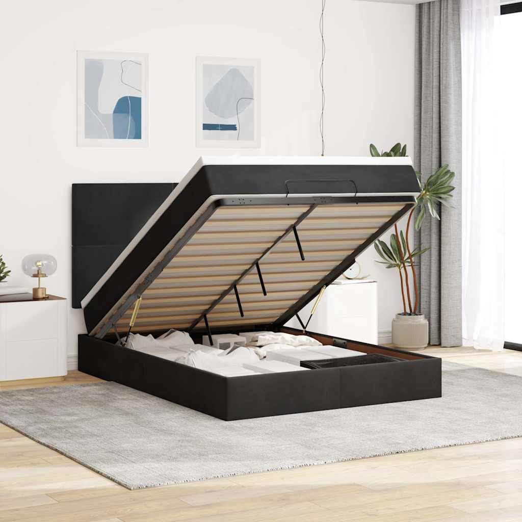 Ottoman krevet s madracima i LED diodama crni 140x200 cm baršun