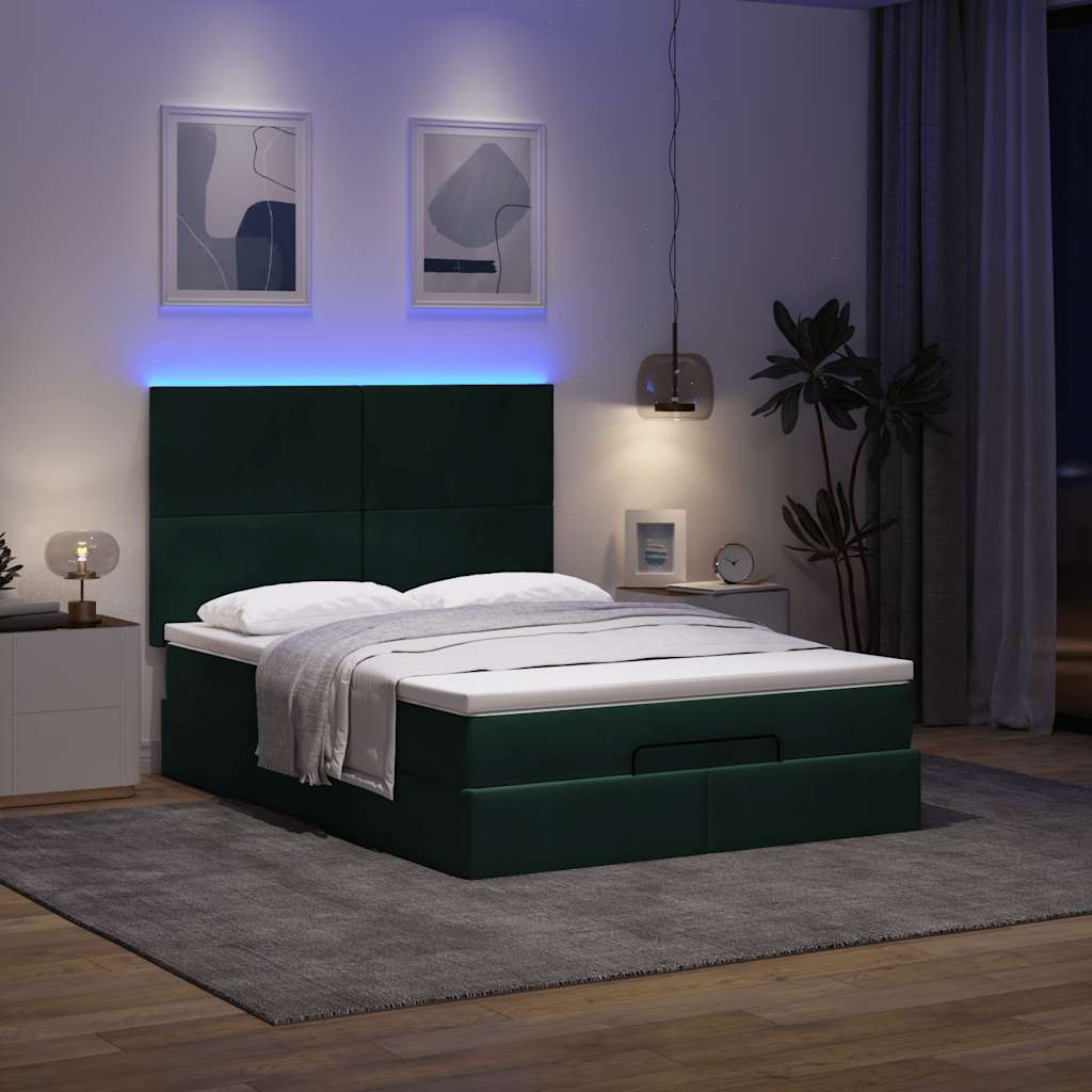 Otomanski krevet s madracima&LED tamnozeleni 140x200cm baršun