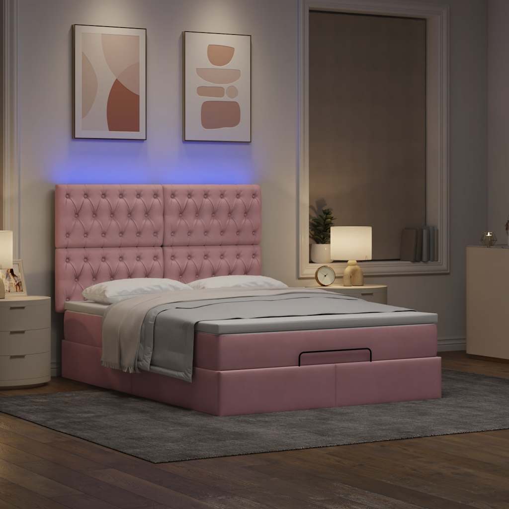 Otomanski krevet s madracima&LED ružičasti 140x190cm baršunasti