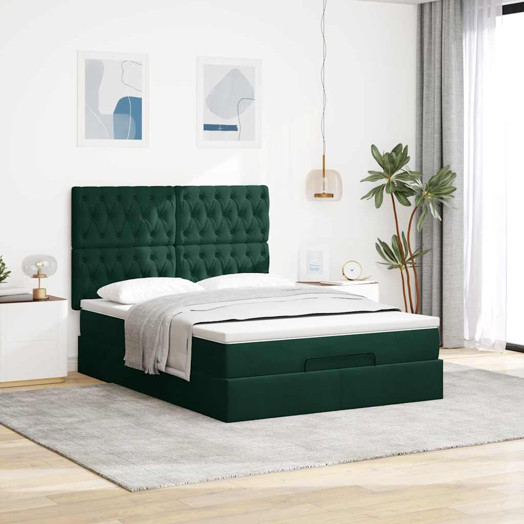 Otomanski krevet s madracima&LED tamnozeleni 140x200cm baršun