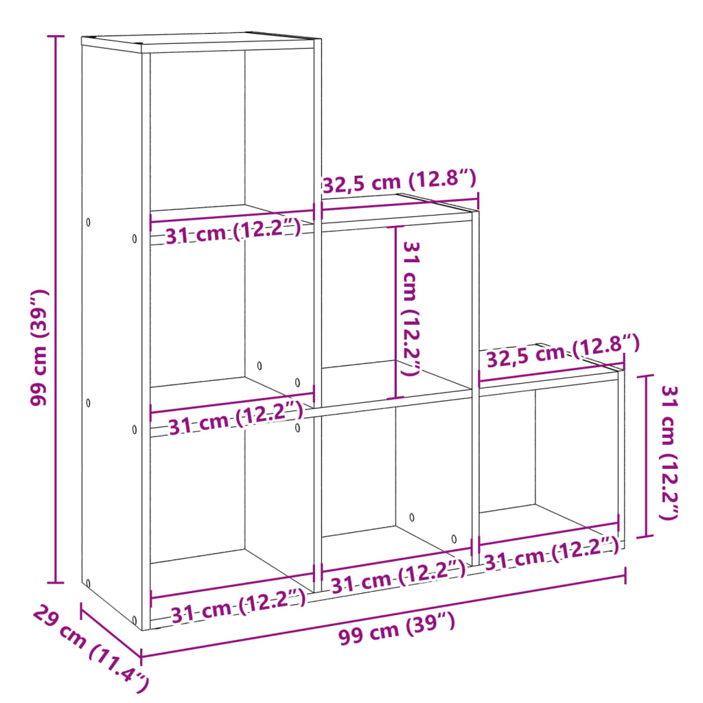 Pregrada / regal za knjige 3 razina hrast 99x29x99 cm drveni