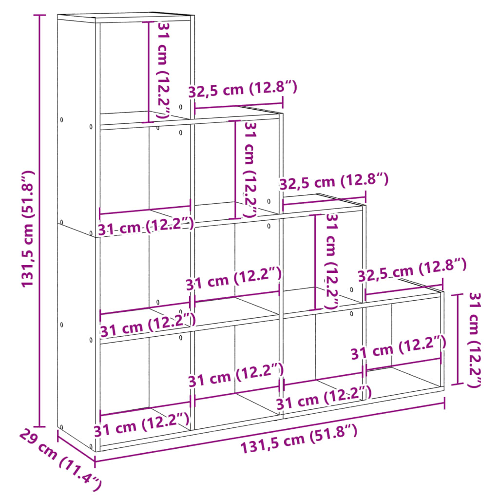 Pregrada/regal za knjige 4 razine sivi 131,5x29x131,5 cm drveni