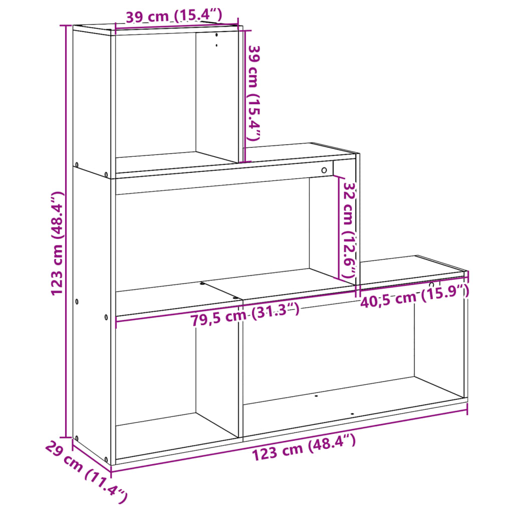 Pregrada / regal za knjige 3 razine sivi 123x29x123 cm drveni
