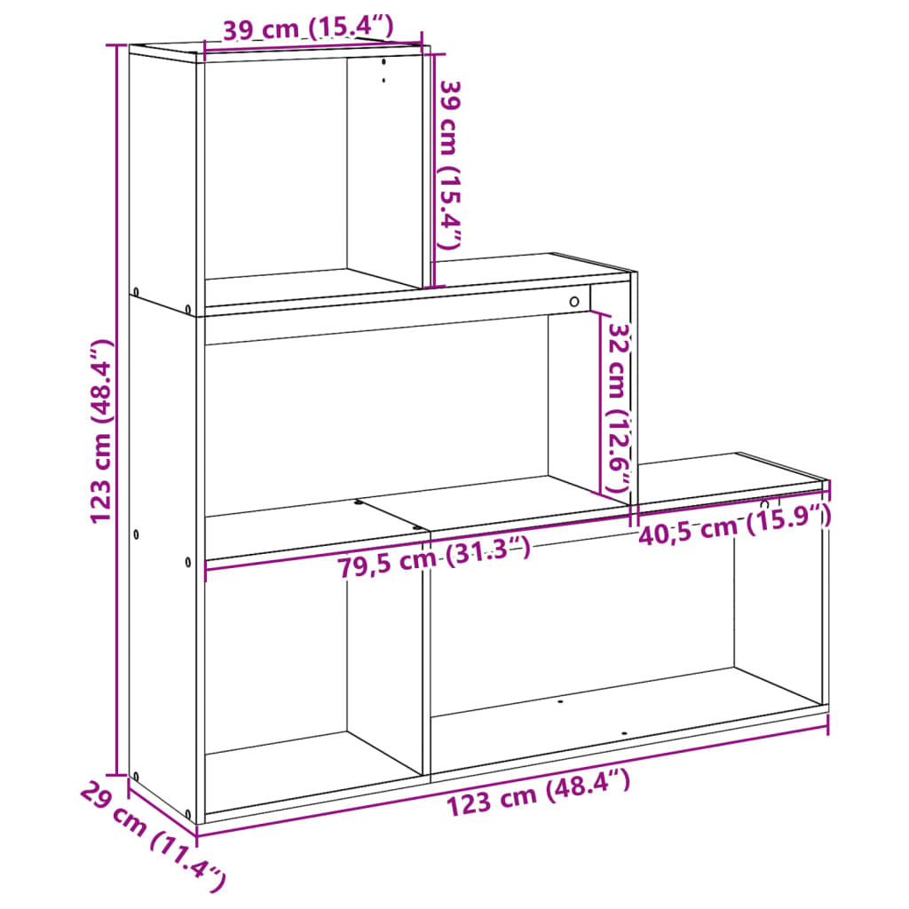 Pregrada / regal za knjige 3 razina sonoma 123x29x123 cm drveni