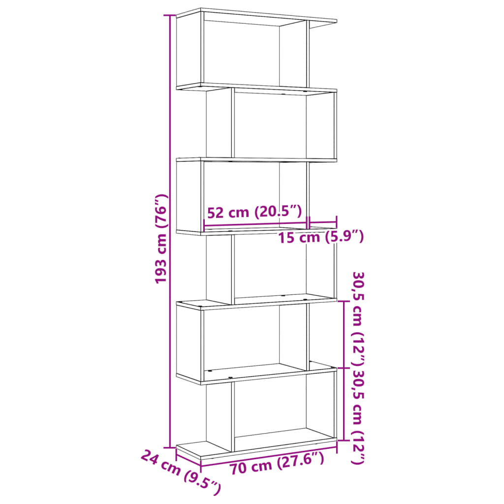 Pregrada / regal za knjige 6 razina sivi 70x24x193 cm drveni