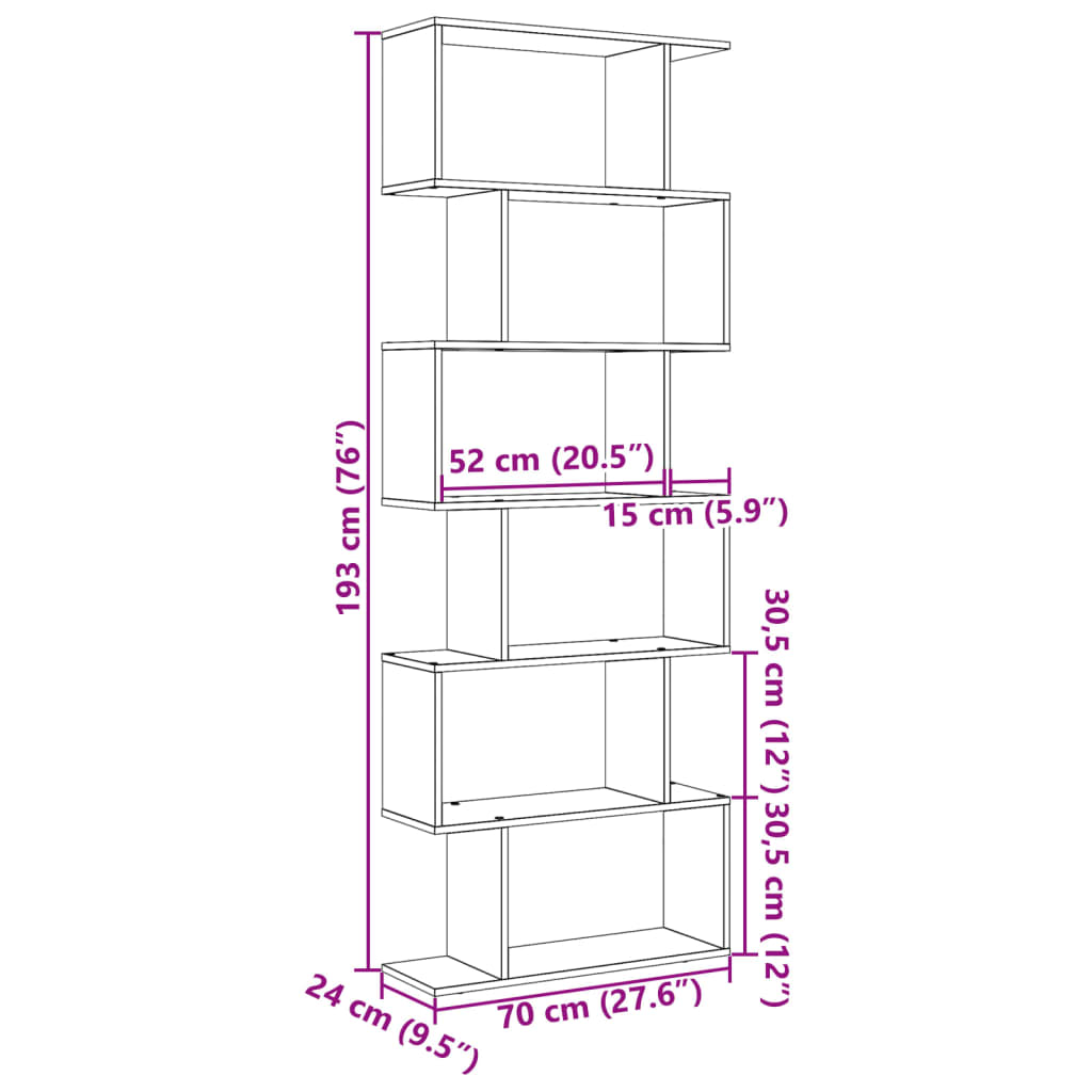 Pregrada / regal za knjige 6 razina hrast 70x24x193 cm drveni