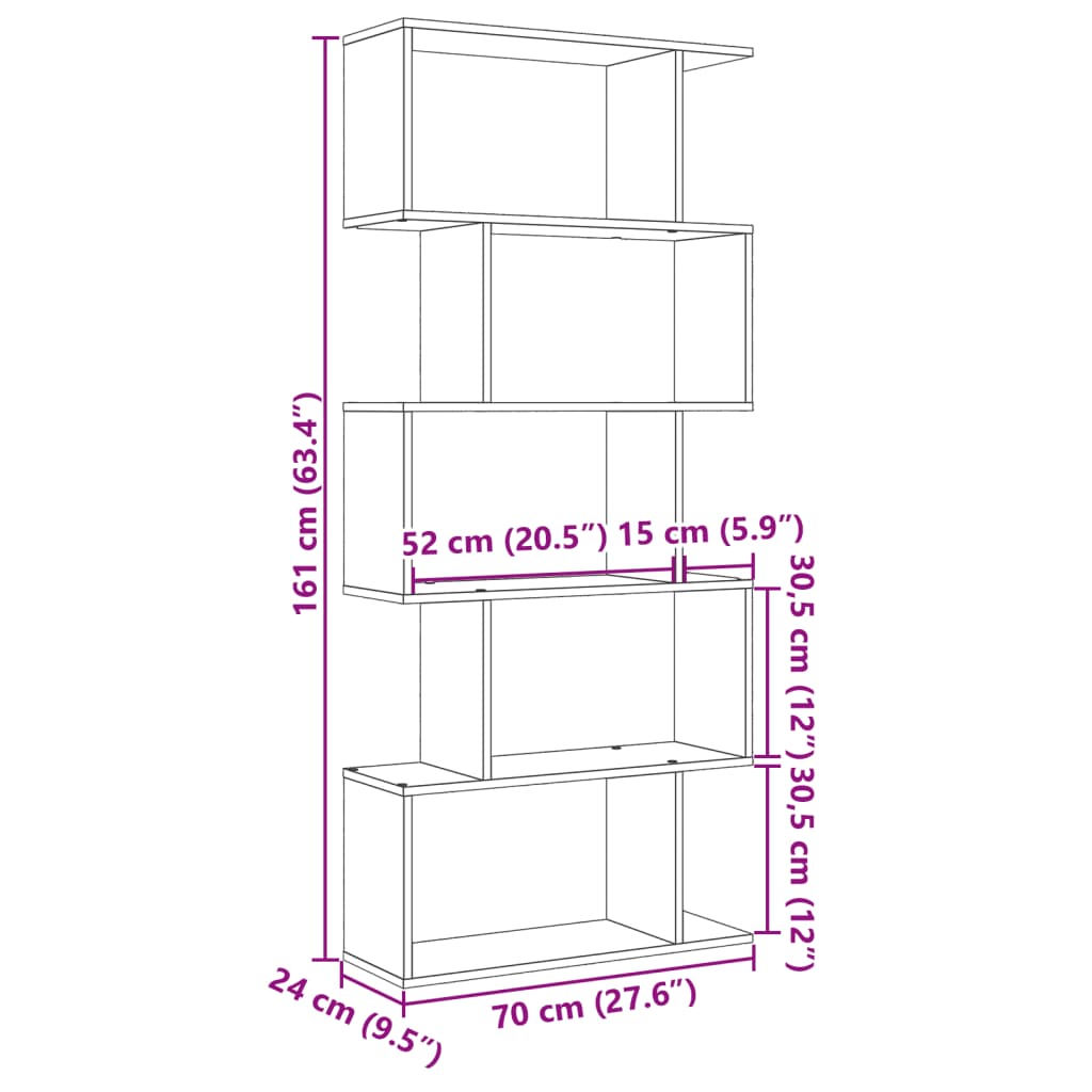 Sobna pregrada / regal za knjige 5 razina 70x24x161 cm drveni