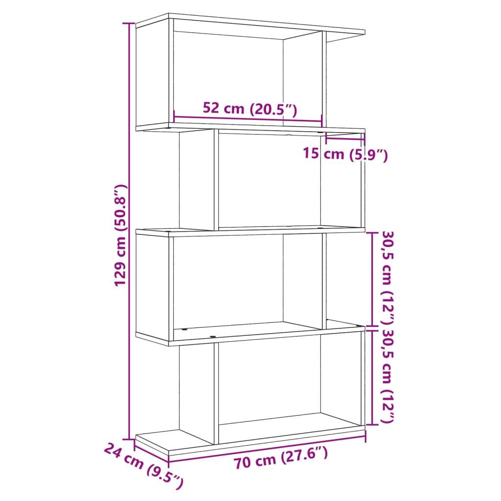 Pregrada / regal za knjige 4 razina hrast 70x24x129 cm drveni