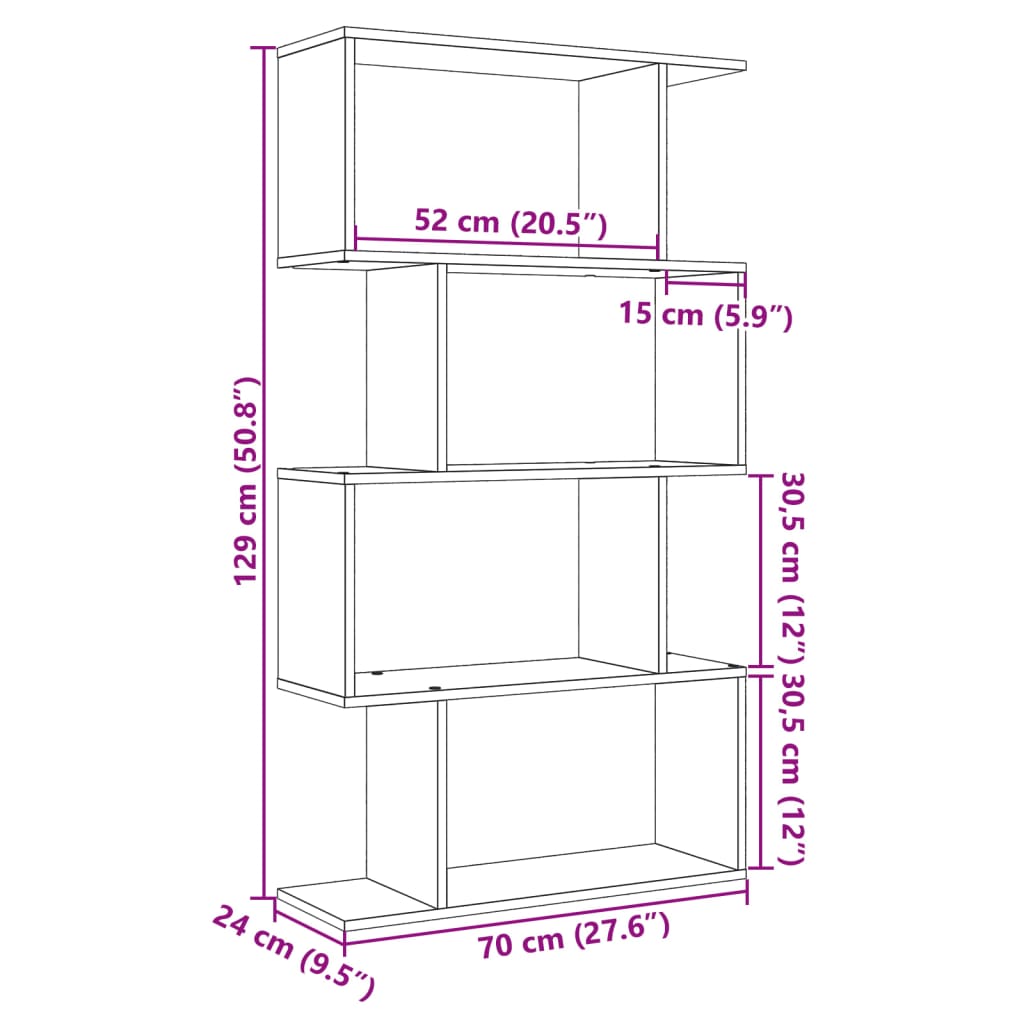 Pregrada / regal za knjige 4 razine sivi 70x24x129 cm drveni