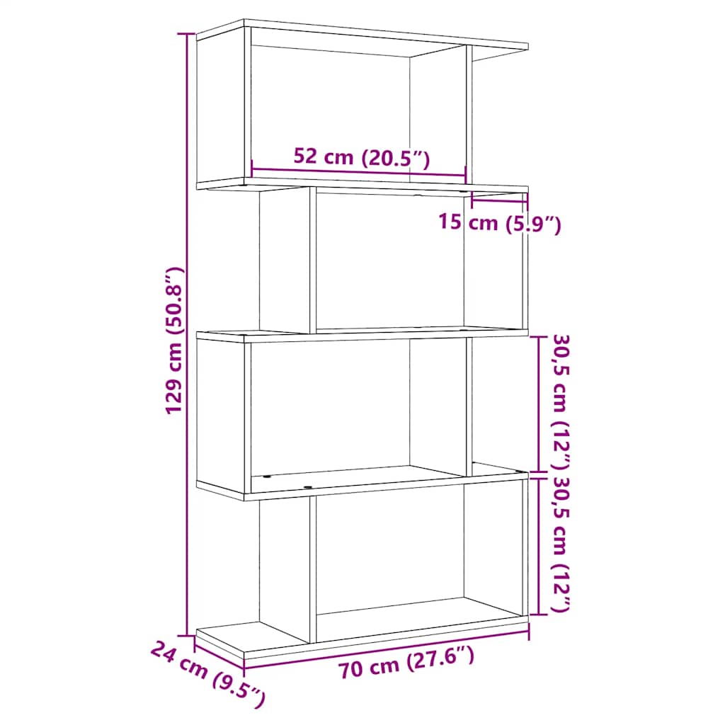 Pregrada / regal za knjige 4 razina hrast 70x24x129 cm drveni