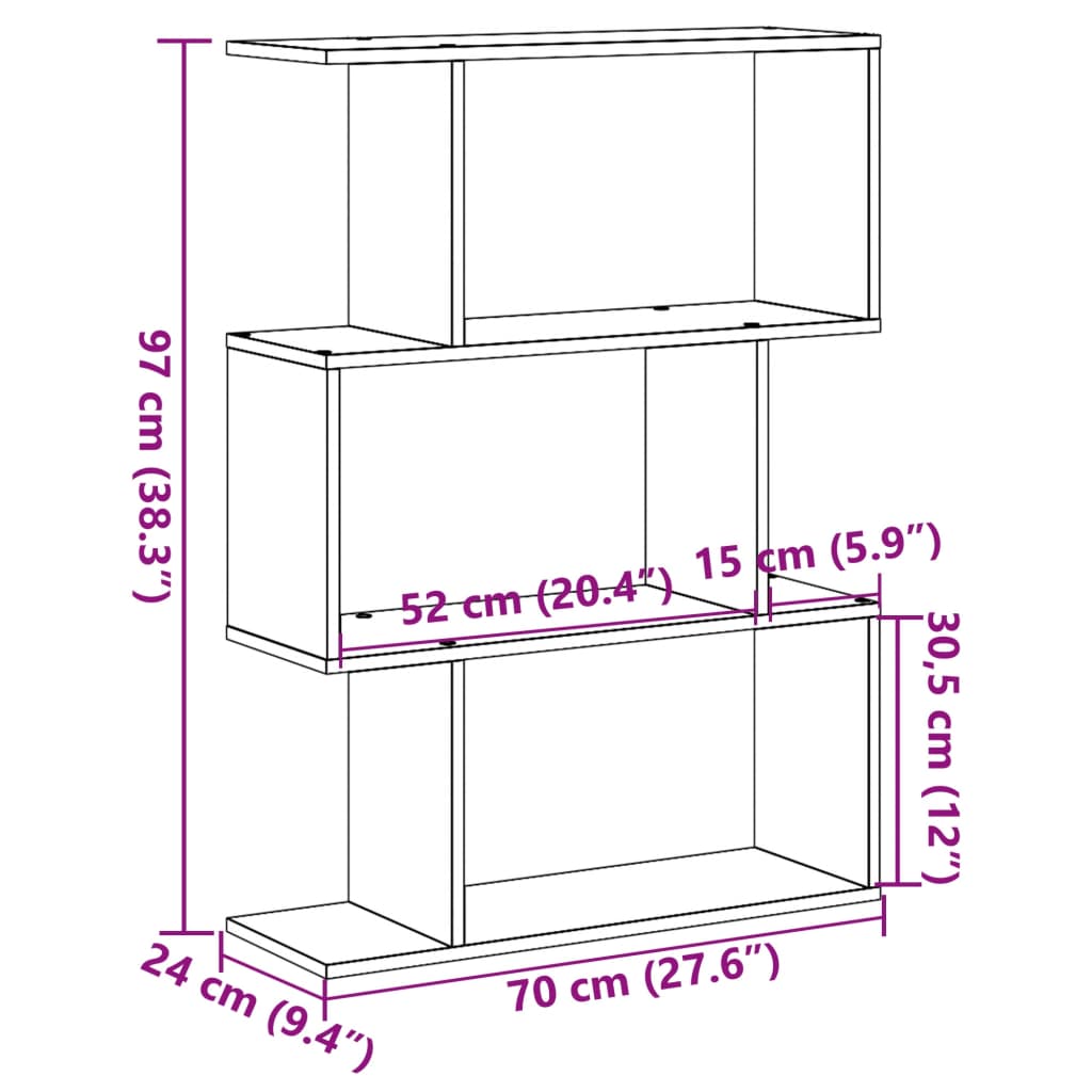 Pregrada / regal za knjige 3 razina sonoma 70x24x97 cm drveni