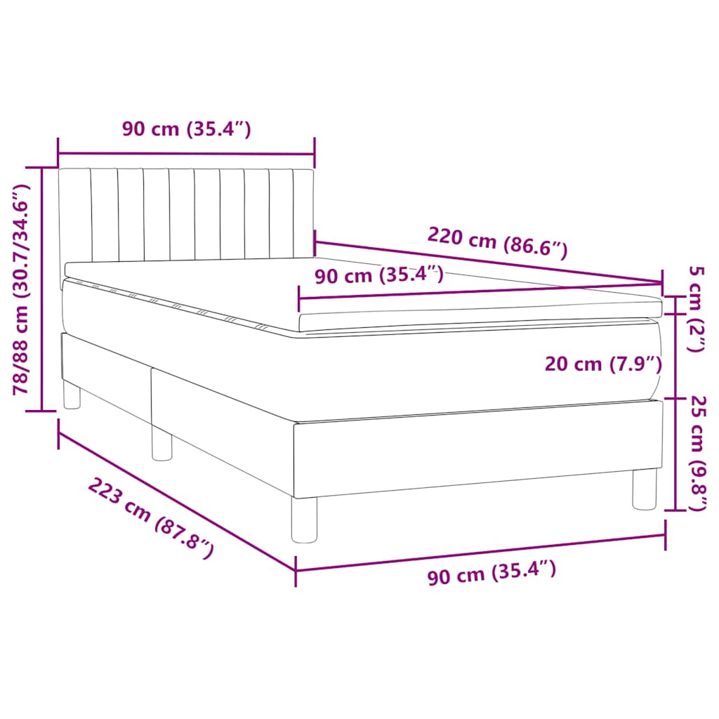 Box Spring krevet s madracem svijetlo sivi 90x220 cm baršun