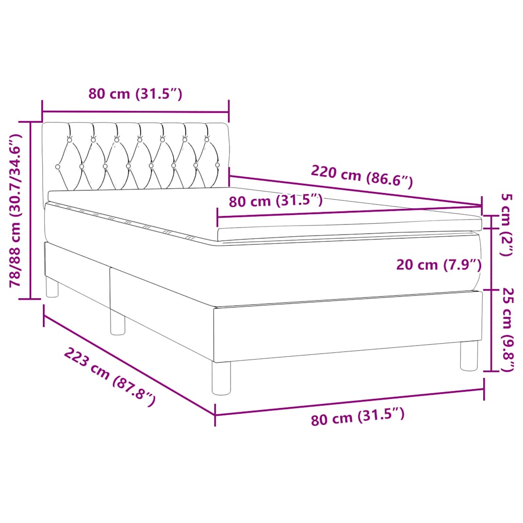 Box Spring krevet s madracem svijetlo sivi 80x220 cm samt