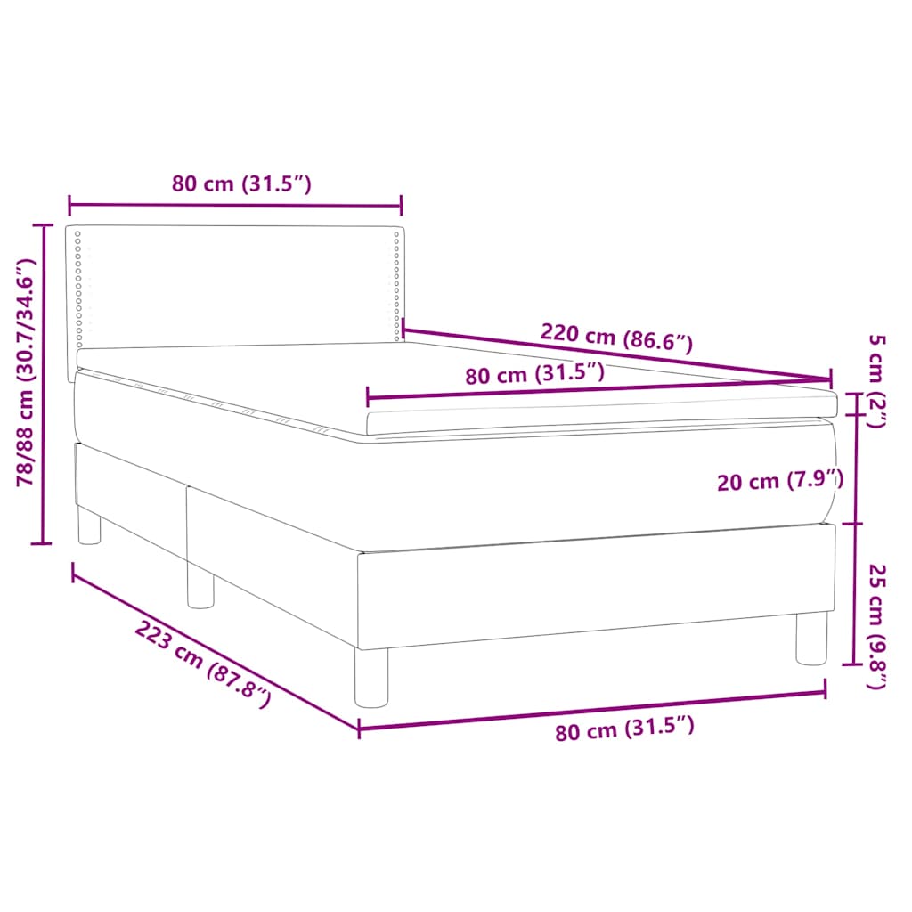 Box Spring krevet s madracem i LED svijetlo sivi 80x220 cm samt