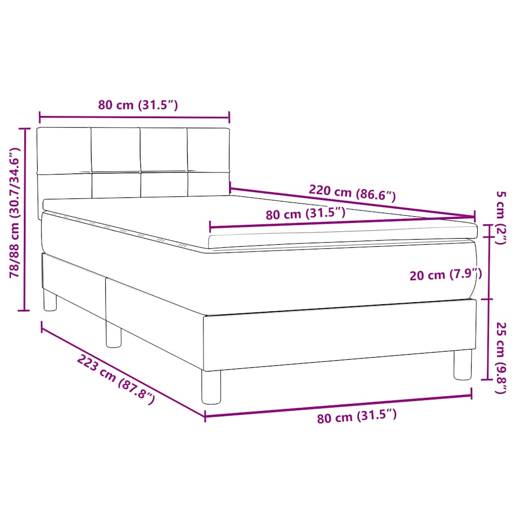 Box Spring krevet s madracem i LED svijetlo sivi 80x220 cm samt