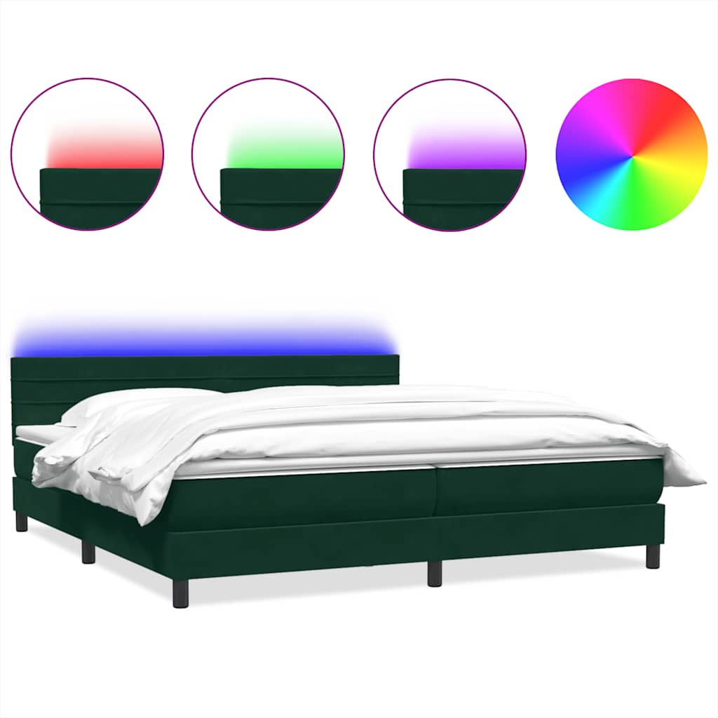 Box Spring krevet s madracem i LED tamno zeleni 180x220 cm baršun