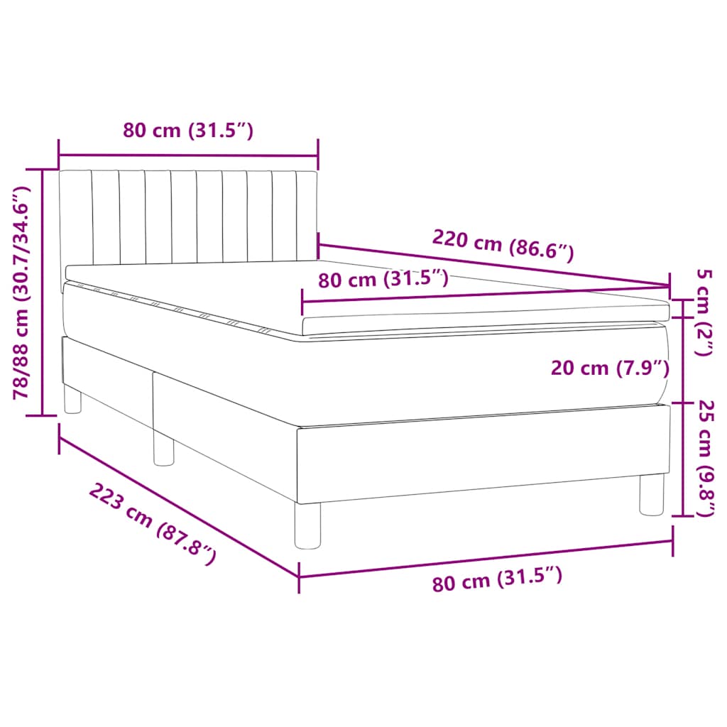 Box Spring krevet s madracem i LED svijetlo sivi 80x220 cm samt