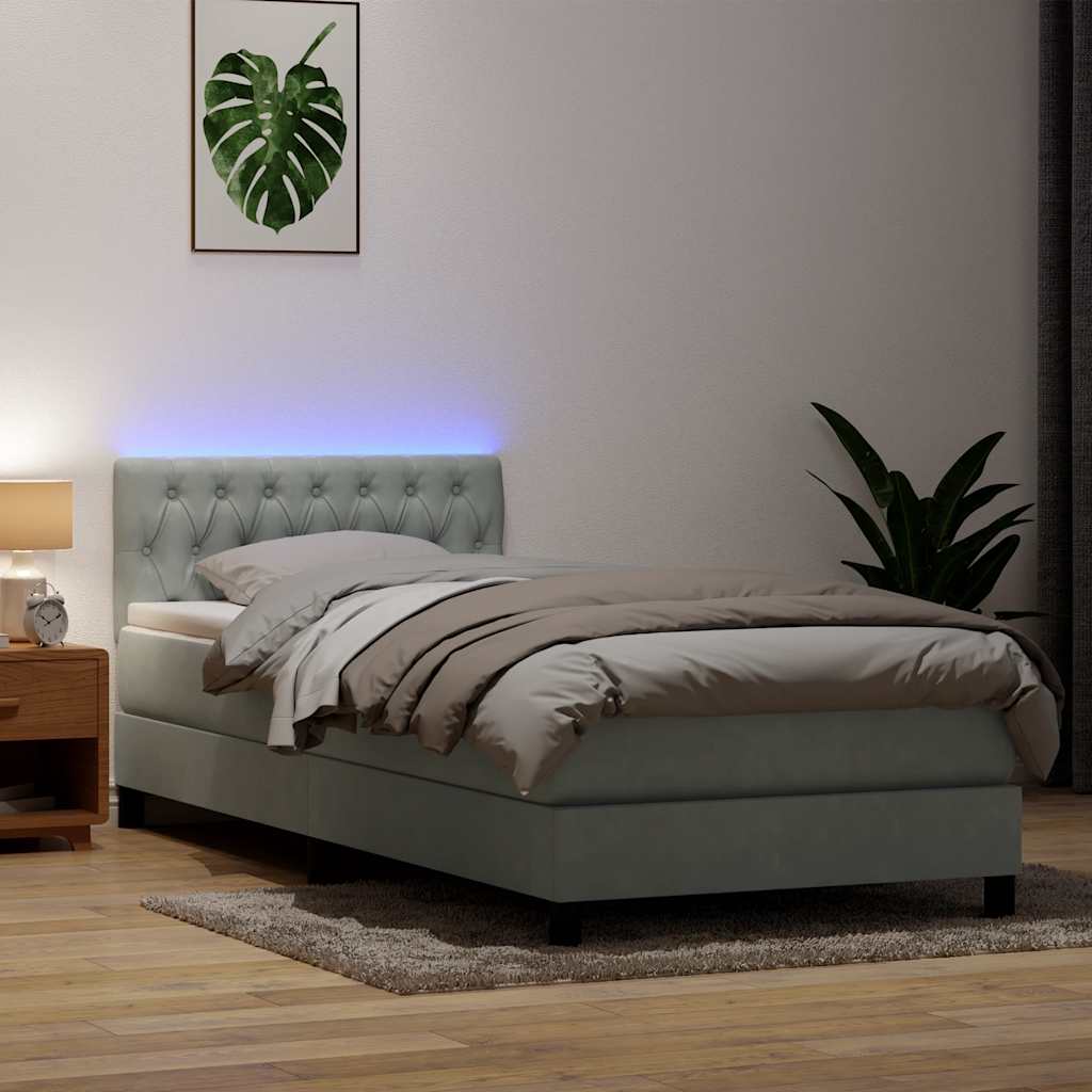 Box Spring krevet s madracem i LED svijetlo sivi 80x210 cm baršun