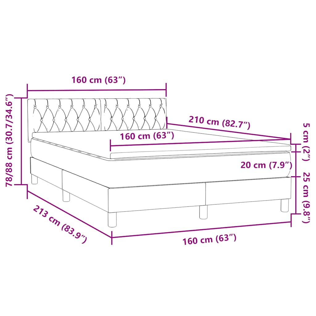 Krevet s oprugama i madracem LED tamnosivi 160x210 cm baršunasti