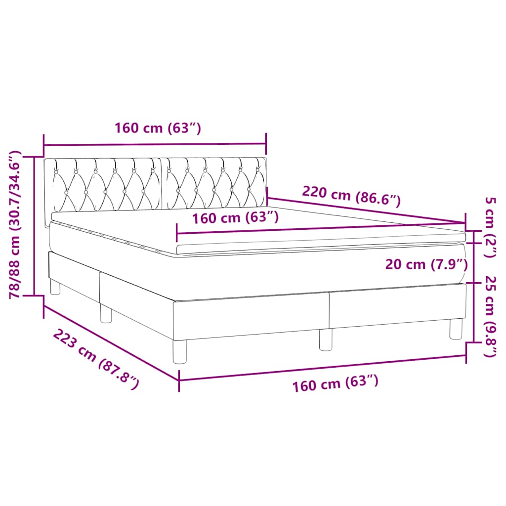 Box Spring krevet s madracem i LED tamno zeleni 160x220 cm baršun