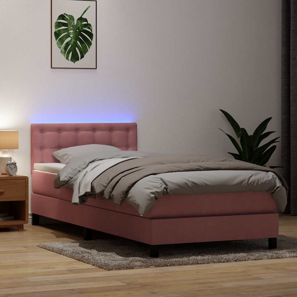 Box Spring krevet s madracem i LED ružičasti 90x210 cm samt
