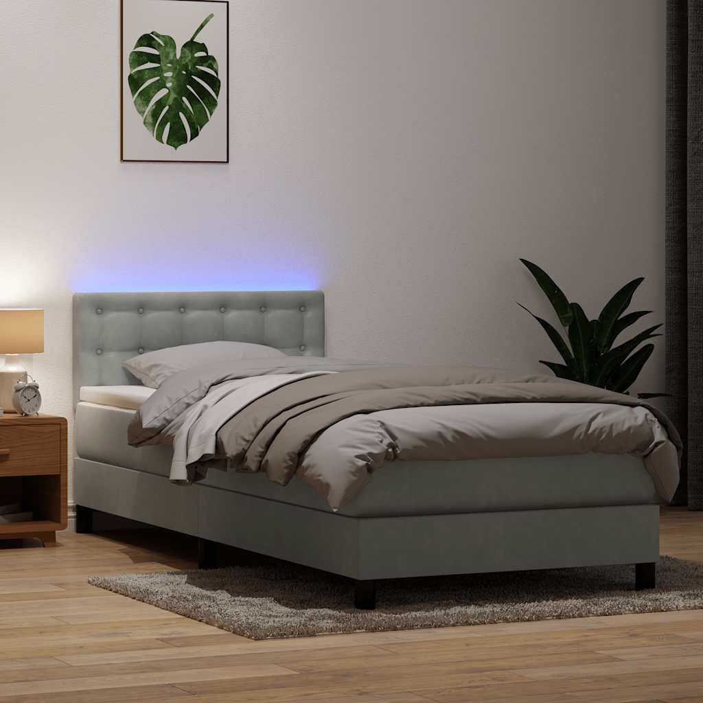 Box Spring krevet s madracem i LED svijetlo sivi 90x220 cm baršun