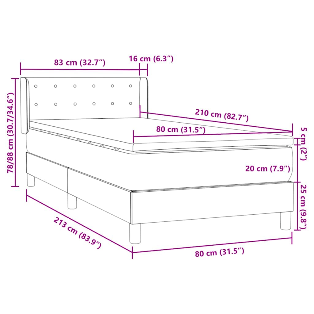 Box Spring krevet s madracem tamno sivi 80x210 cm baršun