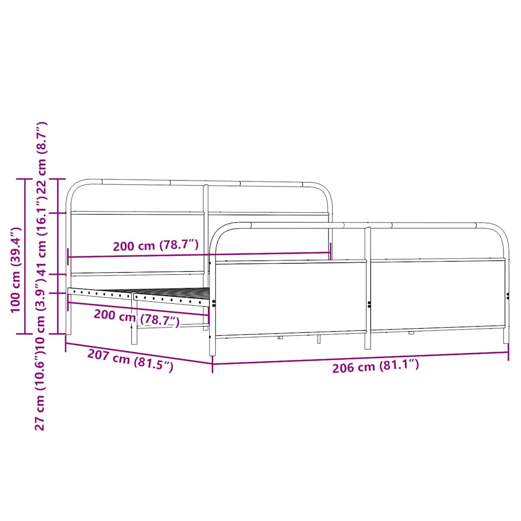 Metalni okvir kreveta bez madraca smeđa boja hrasta 200x200 cm