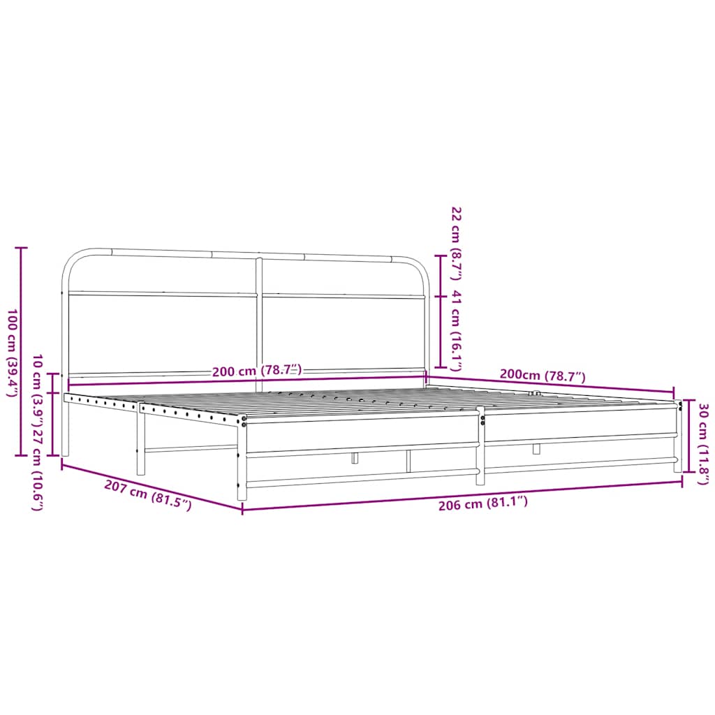 Metalni okvir kreveta bez madraca smeđa boja hrasta 200x200 cm