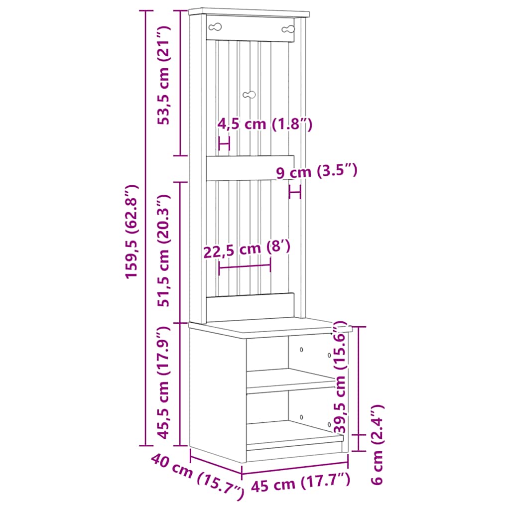 Drvo za dvoranu SANDNES 45x40x159,5 cm puno drvo bor